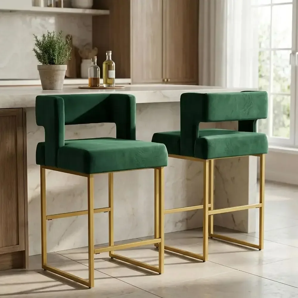 Home Bar Stools - Set aus 2 grünen Samt-Barhockern mit