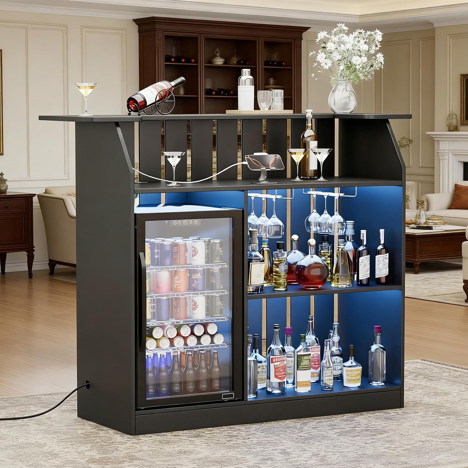 Home Bar And Fridge - U-förmiger Bartisch mit Kühlschrank, 4-stufigem Schrank,
