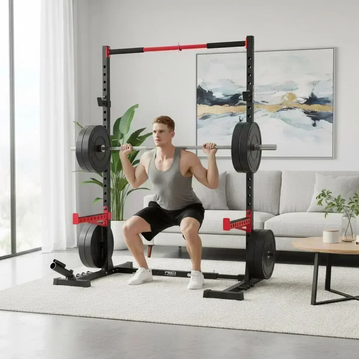 Home Bar And Gym - Verstellbares Home-Gym-Kniebeugengestell mit Klimmzugstange, Hochleistungs-Stahl-Hantelkäfig für