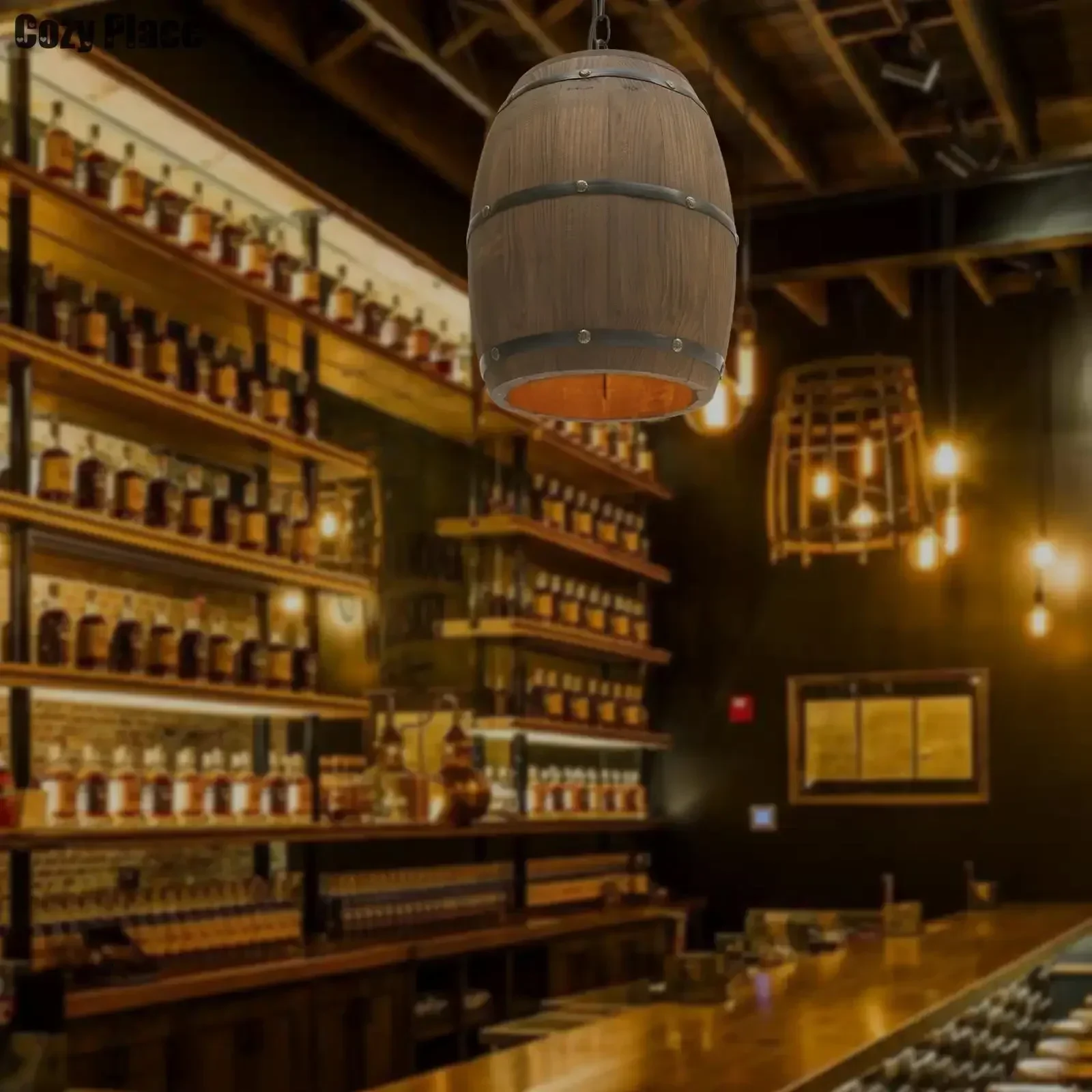 Home Bar Cafe - Rustikale Lampe Vintage Kronleuchter Holz-Pendelleuchte Weinfass-Hängelampe